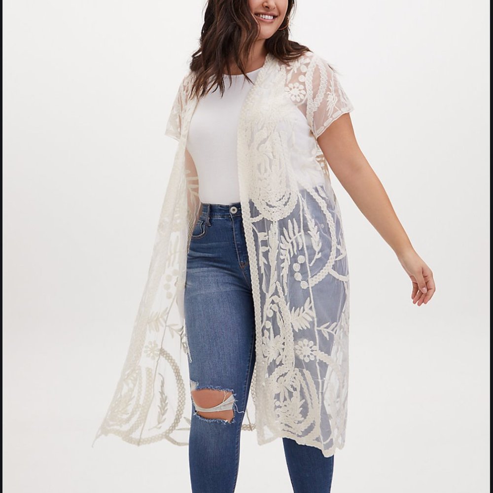 Torrid White Mesh Embroidered Longline Kimono